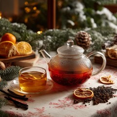 Cozy Tea Ritual: A charming glass teapot and cup, filled with fragrant tea, are artfully arranged alongside slices of dried oranges, creating a warm.
