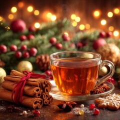 Festive Cinnamon and Tea: A steaming cup of tea, accompanied by fragrant cinnamon sticks and seasonal decorations, evokes feelings of warmth and holiday cheer.
