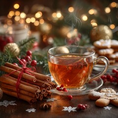 Warmth in a Cup: A cozy, inviting image of a steaming cup of tea, accompanied by cinnamon sticks, festive ornaments, and cookies, evoking a sense of warmth and celebration.
