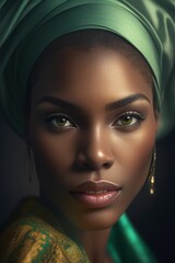 Elegance Embodied: A portrait of a stunning woman, radiating poise and grace, her expressive eyes drawing you in, adorned with a traditional headdress that adds a touch of cultural allure.
