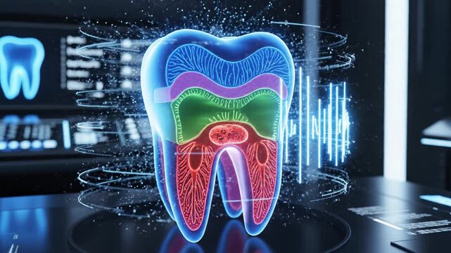 Neon cross sectional tooth anatomy hologram combining enamel dentin pulp root nerve structures with glowing pulp chamber and root canal futuristic clinical lab cross section display with diagnostic