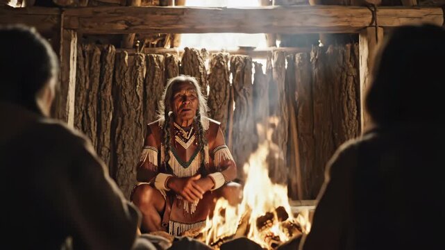 Wise elder indigenous man storytelling to group by fire in traditional lodge. Concept of cultural heritage and wisdom