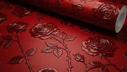 Luxurious Red Rose Floral Patterned Fabric with Embossed Texture.