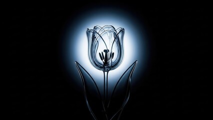 Illuminated Transparent Tulip Flower Silhouette Against Dark Background.