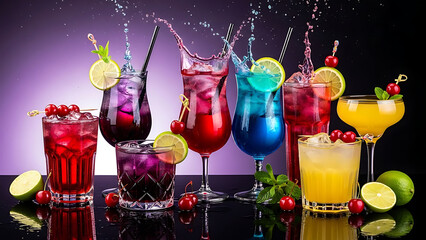 Colorful cocktails and mixed drinks with garnishes on bar counter, vibrant party setting, close-up view, refreshing beverage concept