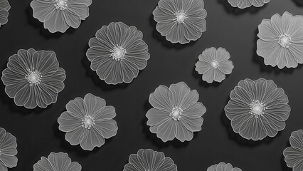 Monochromatic Pattern of Delicate Floral Blooms on Dark Background.