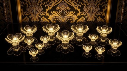 Ornate Golden Floral Candle Holders Displayed on a Dark Reflective Surface.