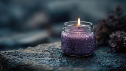 Purple glitter candle in a glass jar burning on a dark, rocky surface. Concept Purple glitter candle, Glass jar candle, Dark rocky surface, Candlelight glow, Nighttime ambiance
