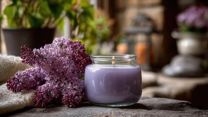A lavender candle in a glass jar sits beside a lilac bouquet on a rustic surface. Concept Lavender and lilac still life, Rustic candlelit decor, Soft pastel floral arrangement