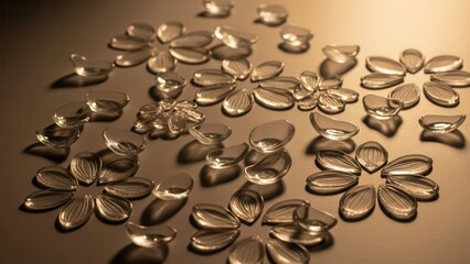 Scattered Clear Glass Petals Forming Flower Shapes on a Warmly Lit Surface.