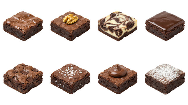Chocolate brownie set including walnut, cheesecake swirl, fudge glaze, sea salt, and powdered sugar variants. Delicious gourmet dessert assortment.