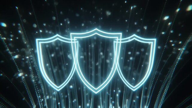 Three glowing shield outlines rise! from sparkling particles in a neon-digital scene, framed by luminous streams and geometric light spikes, evoking cyber security, protection, and high-tech defense