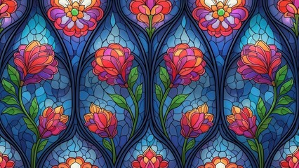 Vibrant Stained Glass Floral Pattern with Art Nouveau Influence.