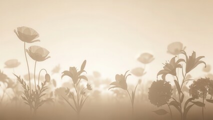 Vintage Sepia Tone Floral Meadow with Poppies and Lilies.