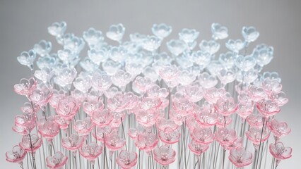 A beautiful arrangement of delicate pink and white glass flowers on thin stems.