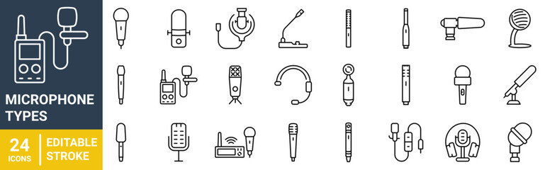 Microphone web line icons set. Podcast mic, journalist microphone, karaoke, conference, windscreen, retro radio vector illustration. Editable Stroke
