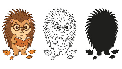 Fototapeta premium A cartoon hedgehog reading a book in a colorful illustration with leaves