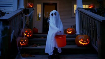 Child in ghost costume trickortreating with jacko'lanterns on a spooky porch at halloween night
