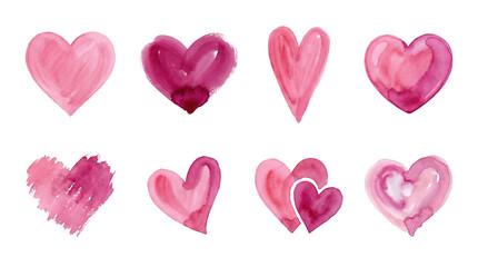 Obraz premium Watercolor heart set including hand painted, textured, romantic, and abstract shapes isolated. Valentines day and wedding decor collection.