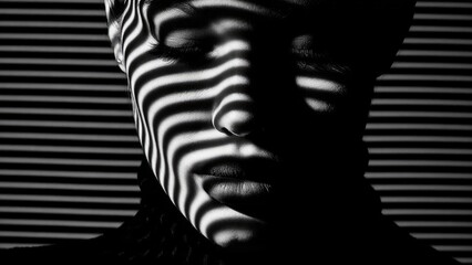 Fototapeta premium Black-and-white portrait of a person with zebra-like striped shadows across their face from window blinds. Concept Black-and-white portrait, Zebra-striped shadows, Window blinds lighting
