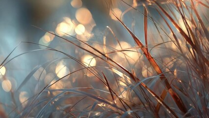 Close-up of slender grass blades glowing in warm sunlight with soft bokeh circles. Concept Close-Up Grass Macro, Golden Hour Glow, Soft Bokeh Circles, Nature Details Portrait, Sunlit Foliage Texture