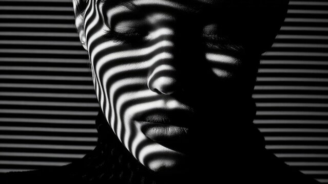 Black-and-white portrait of a person with zebra-like striped shadows across their face from window blinds. Concept Black-and-white portrait, Zebra-striped shadows, Window blinds lighting