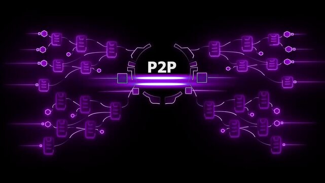 Peer-to- Peer Network P2 P File Sharing Concept with Neon Purple Connections and Data Flow peer-to-peer
