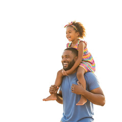 A happy African American man carrying his little girl on his shoulders on transparent background