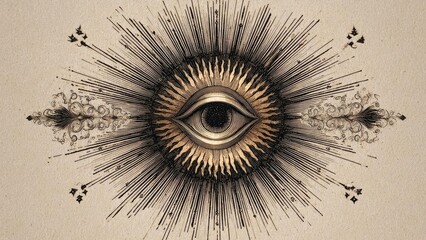 All-seeing eye at the center of a radiant sunburst, a vintage mystical illustration. Concept All-seeing eye motif, radiant sunburst, vintage mystical illustration, occult symbolism, antique engraving