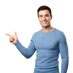 Fototapeta premium A smiling man in a blue sweater pointing to the side on transparent background