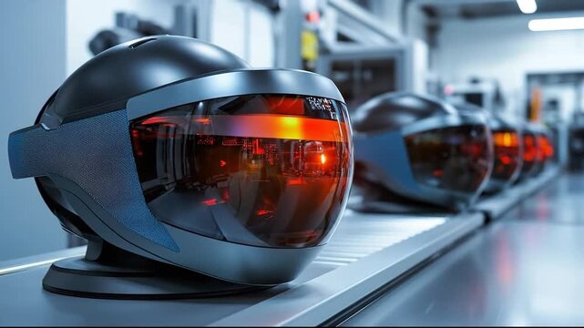 Futuristic helmets with reflective visors on a production line.