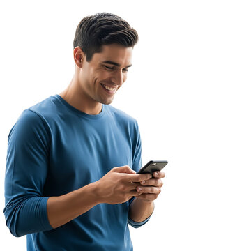 A smiling man in a blue shirt using his smartphone on transparent background