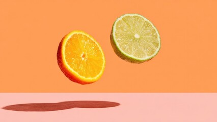Orange half and lime half floating in the air over a pink surface, casting a shadow. Concept Floating citrus halves, Pink surface, Soft shadows, Bright color contrast, Fruit photography