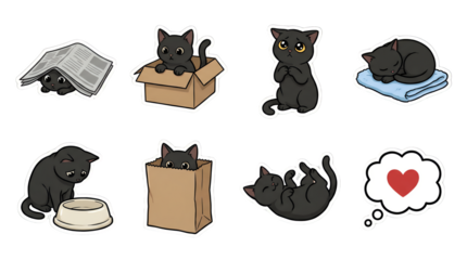 Black kitten set including hiding, sitting, sleeping, eating, and playing poses isolated. Cute cartoon cat character collection.