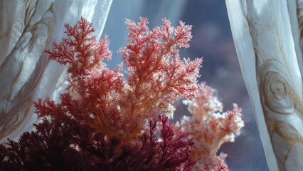 Pink and red branching coral decoration by a window with sheer patterned curtains. Concept Coastal Decor, Branching Coral, Window Light, Sheer Patterned Curtains, Pink and Red Palette