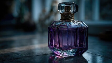 Purple glass perfume bottle with a faceted crystal stopper and ornate neck on a dark reflective surface. Concept Purple glass bottle, Crystal stopper, Ornate neck, Dark reflection, Glamour shot