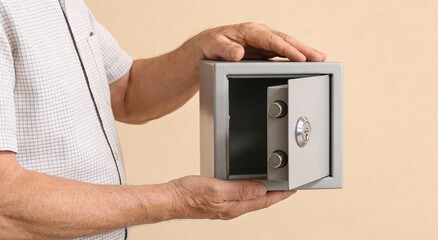 Hands holding a small open metal safe ,Active aging Finance concept.