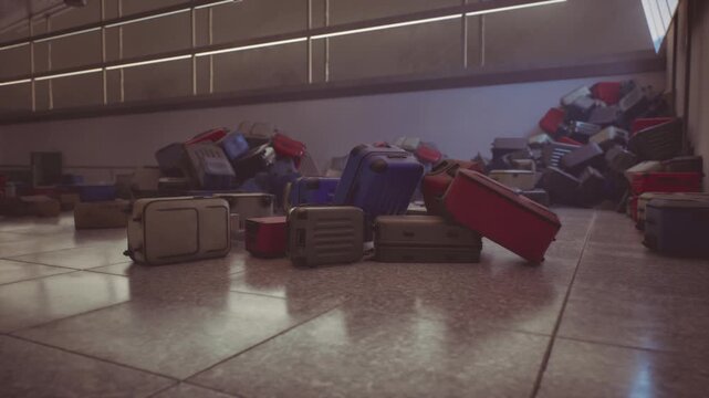 Dust covered luggage stacks in an empty airport terminal, reflecting the passage of time and stories left behind in this forgotten travel hub. A sense of nostalgia lingers in the air.
