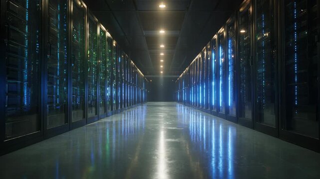 Futuristic data center hallway with powerful server rack technology, where glowing blue light illuminates long corridor, reflecting on floor for modern information network