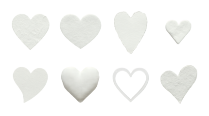 White heart set including paper, fabric, textured, and embossed variants isolated. Valentines day and wedding decoration collection.