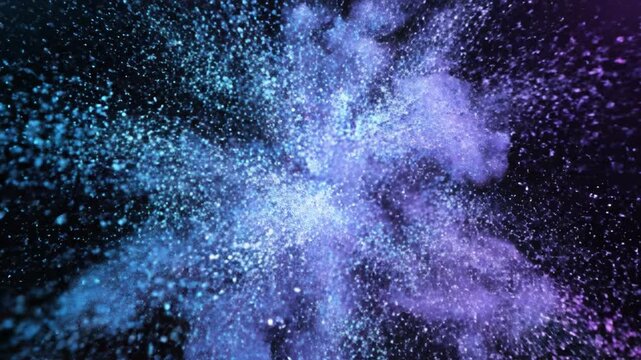 Cosmic powder explosion blue purple nebula particles dynamic abstract energy burst neon glass vial glowing plasma core electric sparks radiating outward futuristic laboratory liquid splash studio