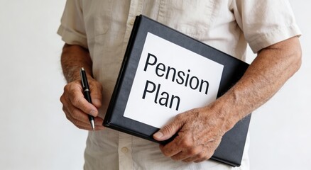 Senior holding a pension plan folder and pen ,Active aging Finance concept.