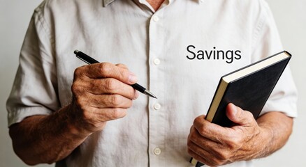 Person holding notebook and pen with "Savings" on shirt ,Active aging Finance concept.