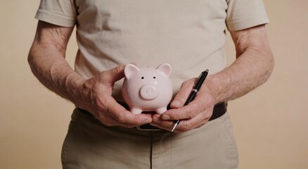 Senior hands holding a piggy bank and a pen ,Active aging Finance concept.