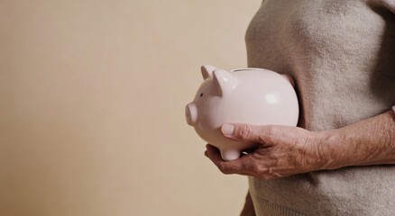Person holding pink piggy bank against beige background ,Active aging Finance concept.