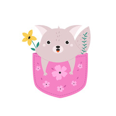 Happy Little Fox Mascot Peeking from Pocket. Vector Illustration for Kids