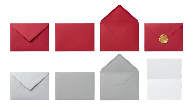 Stationery envelope set including red and silver variants with gold wax seal and blank card isolated. Wedding invitation and greeting collection.