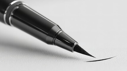 Macro shot of a glossy black felt tip pen drawing a sharp dark line on white textured paper surface.