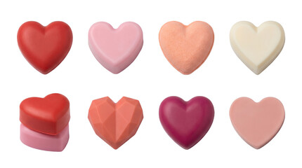 Fototapeta premium Heart shape soap and bath bomb set including red, pink, peach, cream, and geometric variants. Romantic spa and beauty product collection.