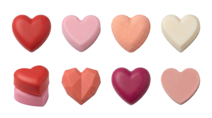 Heart shape soap and bath bomb set including red, pink, peach, cream, and geometric variants. Romantic spa and beauty product collection.